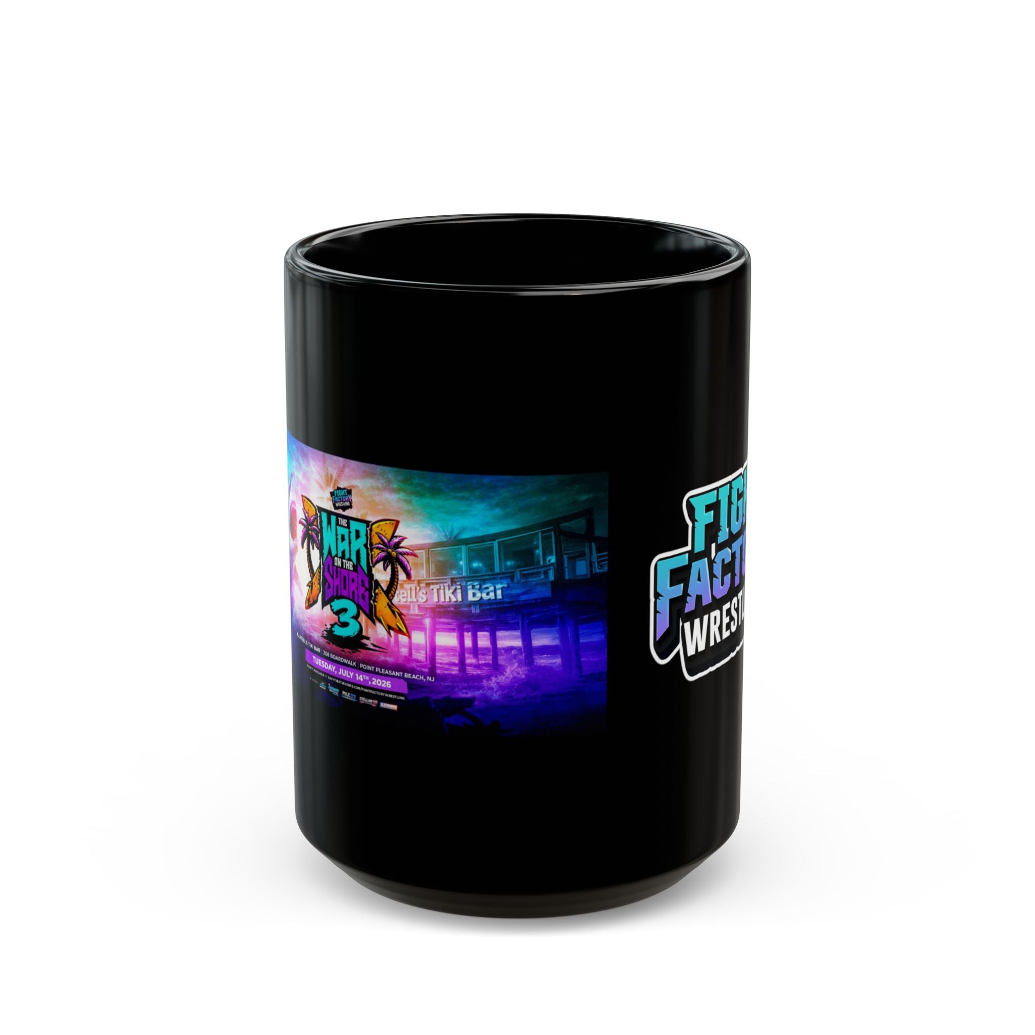 Fight Factory Wrestling & War On Shore 3 Logo Mug — Black Coffee Cup (11oz & 15oz)